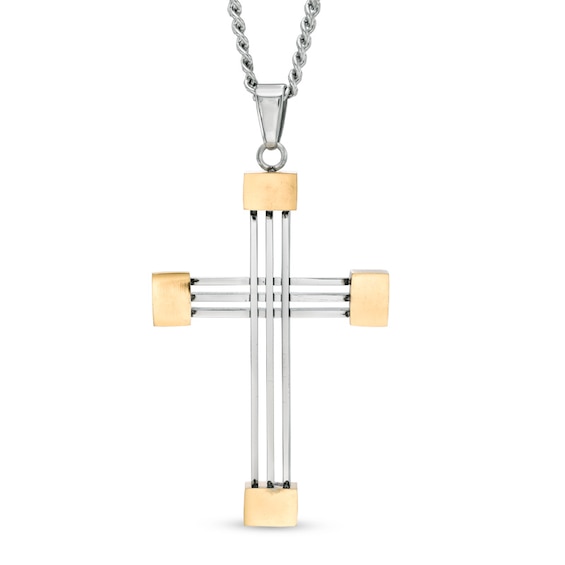 Men's Cross Pendant in Two-Tone Stainless Steel - 24"