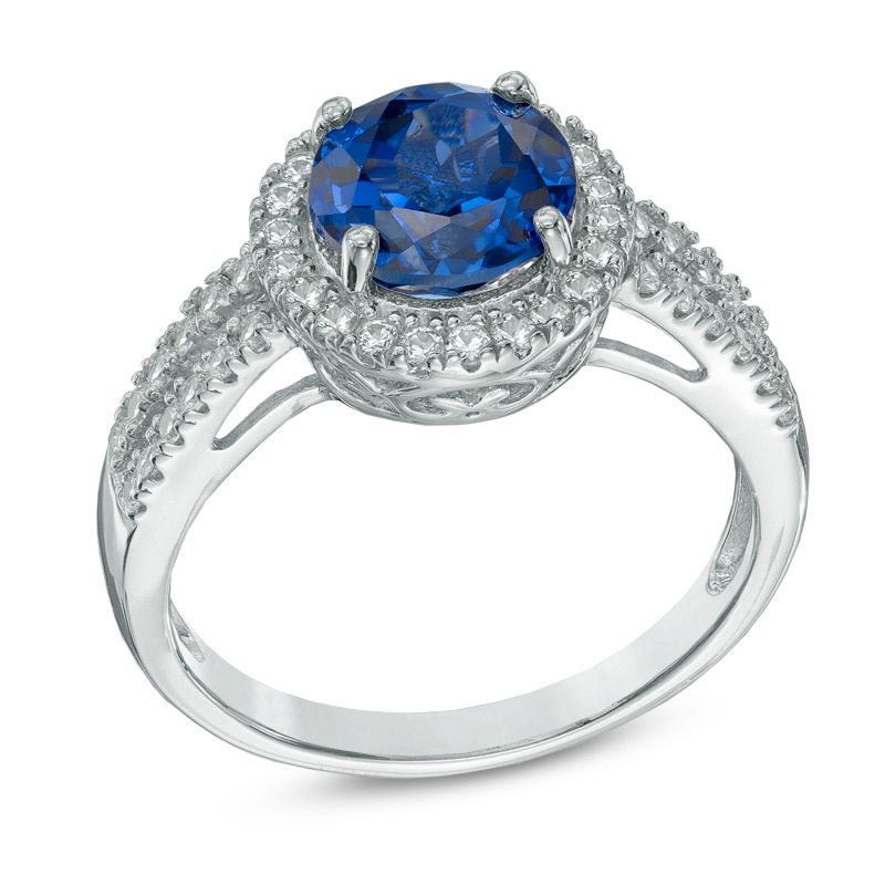 8.0mm Lab-Created Blue and White Sapphire Frame Ring in Sterling Silver
