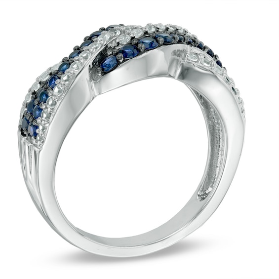 Lab-Created Blue and White Sapphire Twist Ring in Sterling Silver