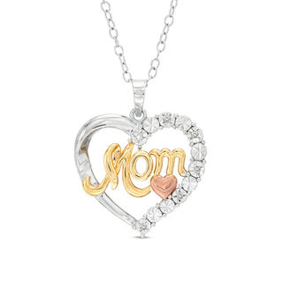 Diamond Accent "MOM" Heart Pendant in Sterling Silver and 14K Two-Tone Gold Plate