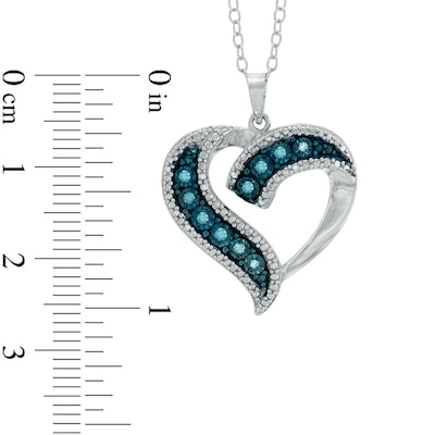 0.11 CT. T.W. Enhanced Blue Diamond Beaded Ribbon Heart Pendant in Sterling Silver