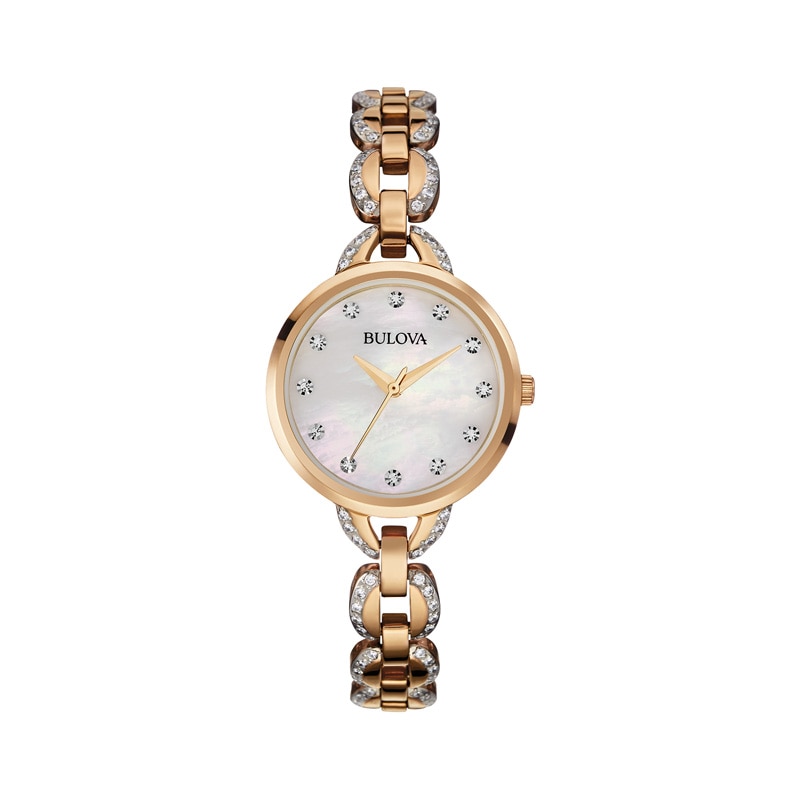 Ladies' Bulova Rose-Tone Crystal Accent Watch with Mother-of-Pearl Dial (Model: 98L207)|Peoples Jewellers