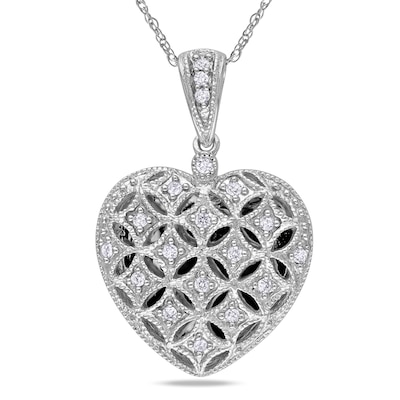 0.14 CT. T.W. Diamond Lattice Heart Locket in 10K White Gold - 17"