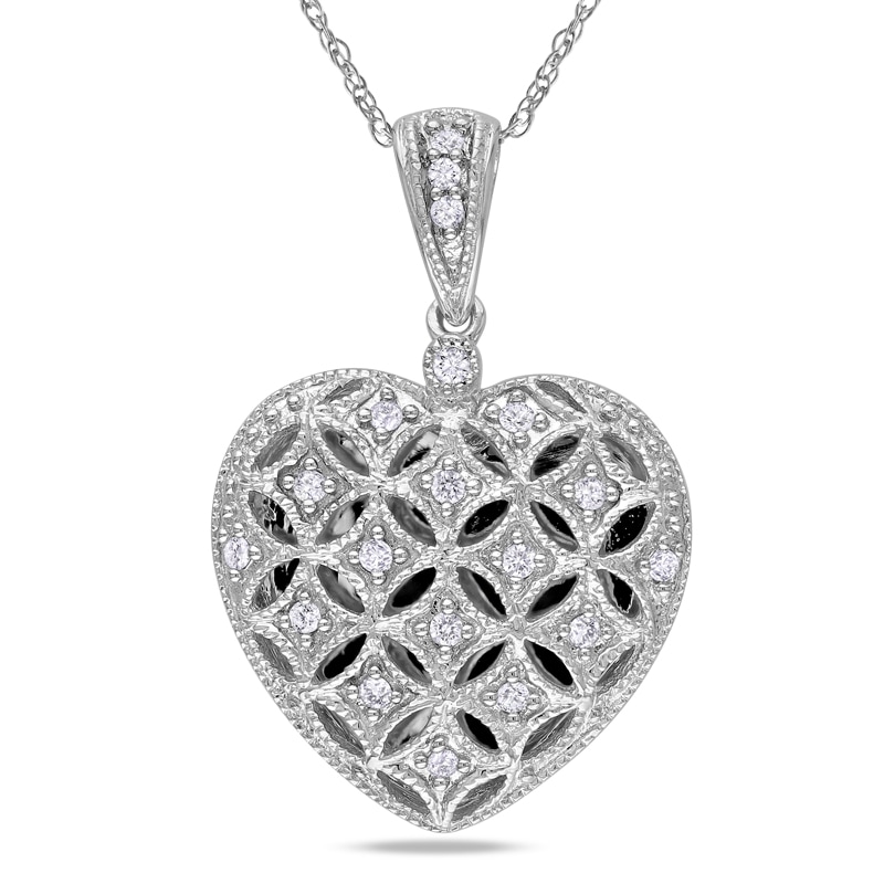 0.14 CT. T.W. Diamond Lattice Heart Locket in 10K White Gold - 17"|Peoples Jewellers