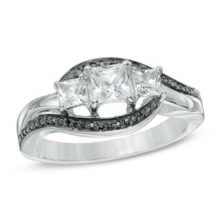 Princess-Cut Lab-Created White Sapphire and Black Diamond Accent Three Stone Swirl Ring in Sterling Silver