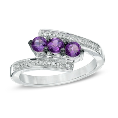 Amethyst and Diamond Accent Three Stone Bypass Ring in Sterling Silver