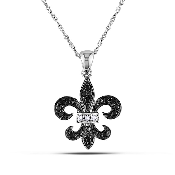 0.12 CT. T.W. Enhanced Black and White Diamond Fleur-de-Lis Pendant in 10K White Gold - 17"