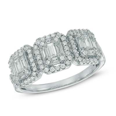 0.75 CT. T.W. Multi-Baguette Diamond Frame Three Stone Ring in 14K White Gold