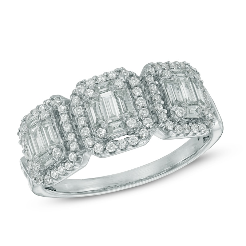 0.75 CT. T.W. Multi-Baguette Diamond Frame Three Stone Ring in 14K White Gold|Peoples Jewellers
