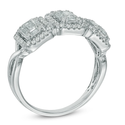 0.75 CT. T.W. Multi-Baguette Diamond Frame Three Stone Ring in 14K White Gold