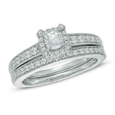 0.75 CT. T.W. Cushion-Cut Diamond Frame Bridal Set in 14K White Gold