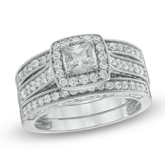 1.00 CT. T.W. Princess-Cut Diamond Frame Three Piece Bridal Set in 14K White Gold