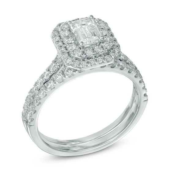 1.45 CT. T.W. Certified Canadian Emerald-Cut Diamond Double Frame Bridal Set in 14K White Gold (I/I1)