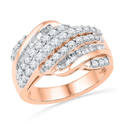 1.00 CT. T.W. Baguette and Round Diamond Rolling Wave Band in 10K Rose Gold