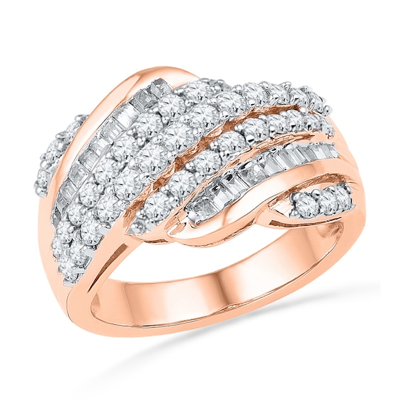 1.00 CT. T.W. Baguette and Round Diamond Rolling Wave Band in 10K Rose Gold