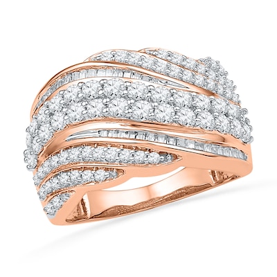 1.50 CT. T.W. Baguette and Round Diamond Wave Band in 10K Rose Gold