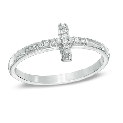 Diamond Accent Sideways Cross Midi Ring in Sterling Silver