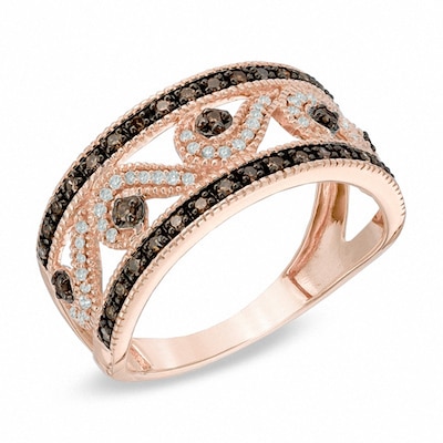 0.33 CT. T.W. Champagne and White Diamond Scroll Ring in 10K Rose Gold