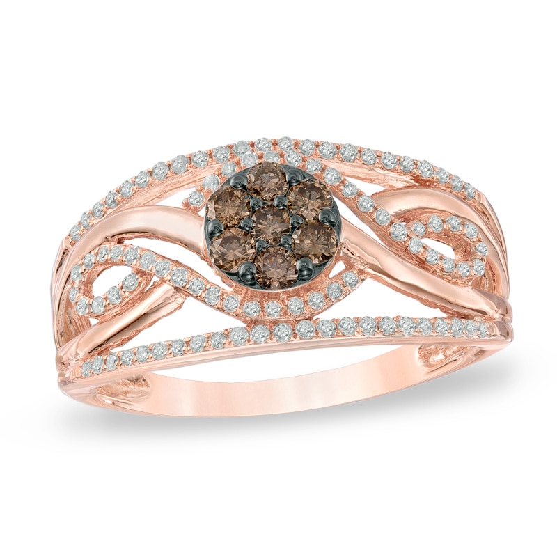 0.50 CT. T.W. Champagne and White Diamond Cluster Swirl Ring in 10K Rose Gold