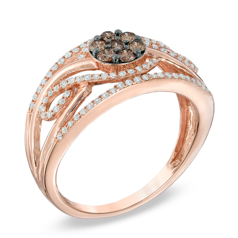 0.50 CT. T.W. Champagne and White Diamond Cluster Swirl Ring in 10K Rose Gold