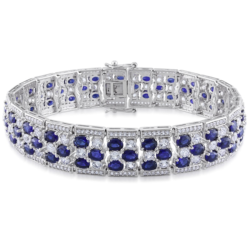 Oval Blue Lab-Created Sapphire and White Lab-Created Sapphire Link Bracelet in Sterling Silver - 7.25"