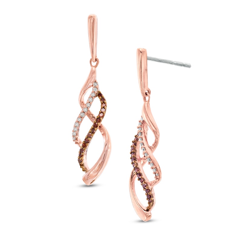 0.20 CT. T.W. Enhanced Cognac and White Diamond Split Waves Drop Earrings in 10K Rose Gold|Peoples Jewellers