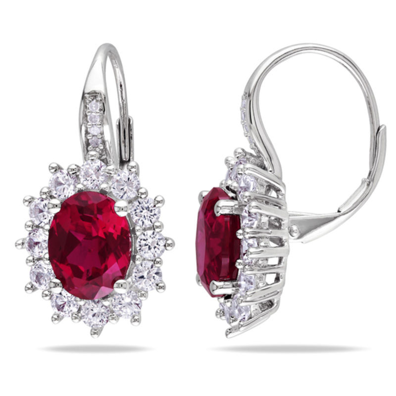 Oval Lab-Created Ruby, White Lab-Created Sapphire and 0.04 CT. T.W. Diamond Frame Drop Earrings in Sterling Silver|Peoples Jewellers