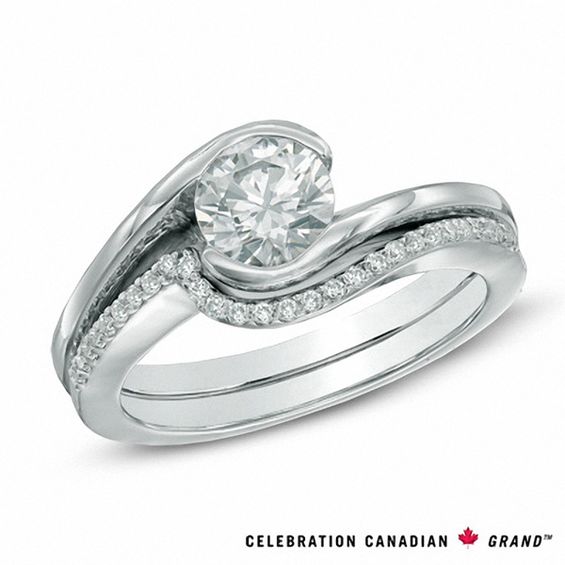 Celebration Canadian Ideal 0.85 CT. T.W. Certified Diamond Swirl Bridal Set in 14K White Gold (I/I1)