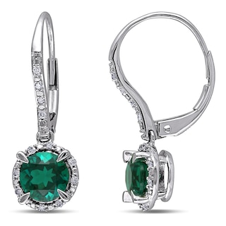 6.0mm Lab-Created Emerald and 0.09 CT. T.W. Diamond Frame Drop Earrings in 10K White Gold