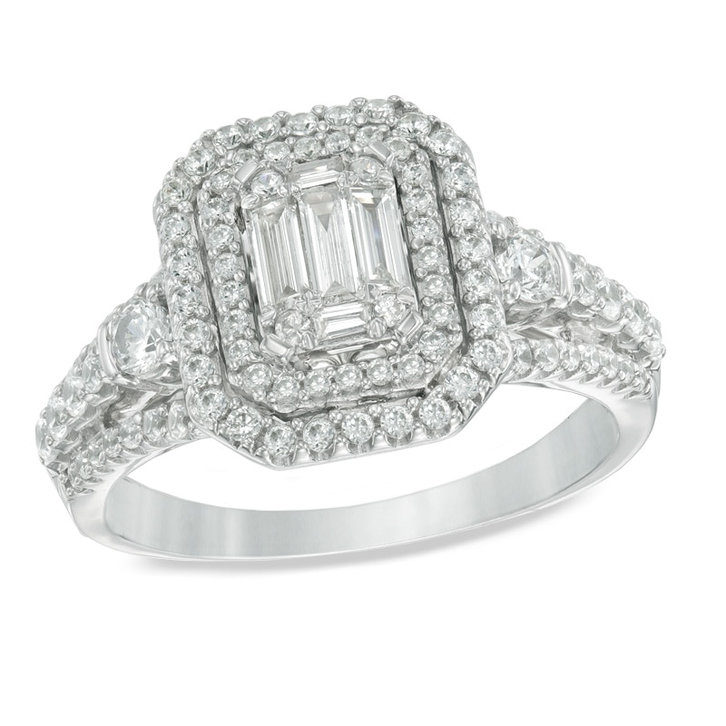 1.00 CT. T.W. Multi-Baguette Diamond Double Frame Engagement Ring in 14K White Gold|Peoples Jewellers