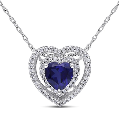 6.0mm Heart-Shaped Lab-Created Blue Sapphire and 0.20 CT. T.W. Diamond Double Frame Pendant in 10K White Gold - 17"