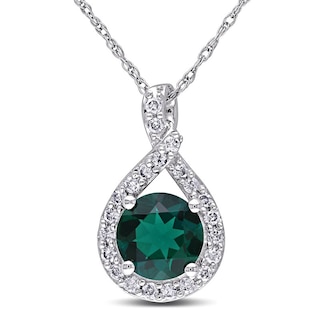 7.0mm Lab-Created Emerald and 0.22 CT. T.W. Diamond Twist Pendant in 10K White Gold - 17"