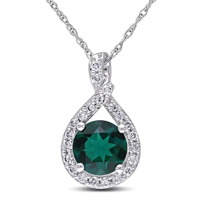 7.0mm Lab-Created Emerald and 0.22 CT. T.W. Diamond Twist Pendant in 10K White Gold - 17"