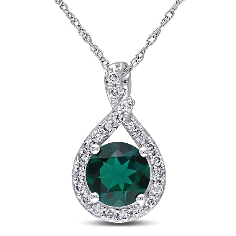 7.0mm Lab-Created Emerald and 0.22 CT. T.W. Diamond Twist Pendant in 10K White Gold - 17"