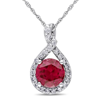 7.0mm Lab-Created Ruby and 0.22 CT. T.W. Diamond Twist Pendant in 10K White Gold - 17"