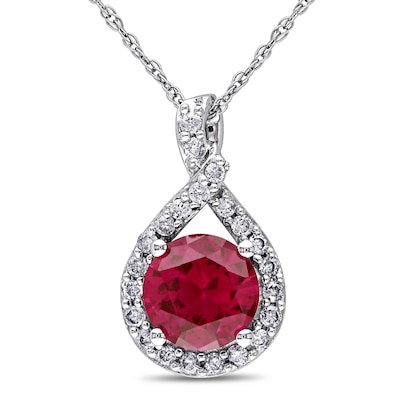 7.0mm Lab-Created Ruby and 0.22 CT. T.W. Diamond Twist Pendant in 10K White Gold - 17"