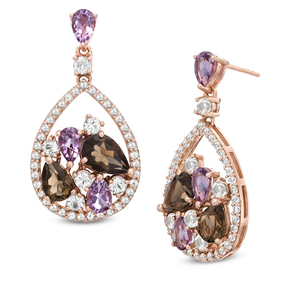 Rose de France Amethyst, Smoky Quartz and White Topaz Drop Earrings in Sterling Silver with 14K Rose Gold Plate