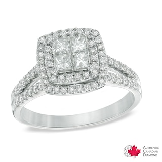 1.00 CT. T.W. Certified Canadian Princess-Cut Quad Diamond Frame Engagement Ring in 14K White Gold (I/I2)