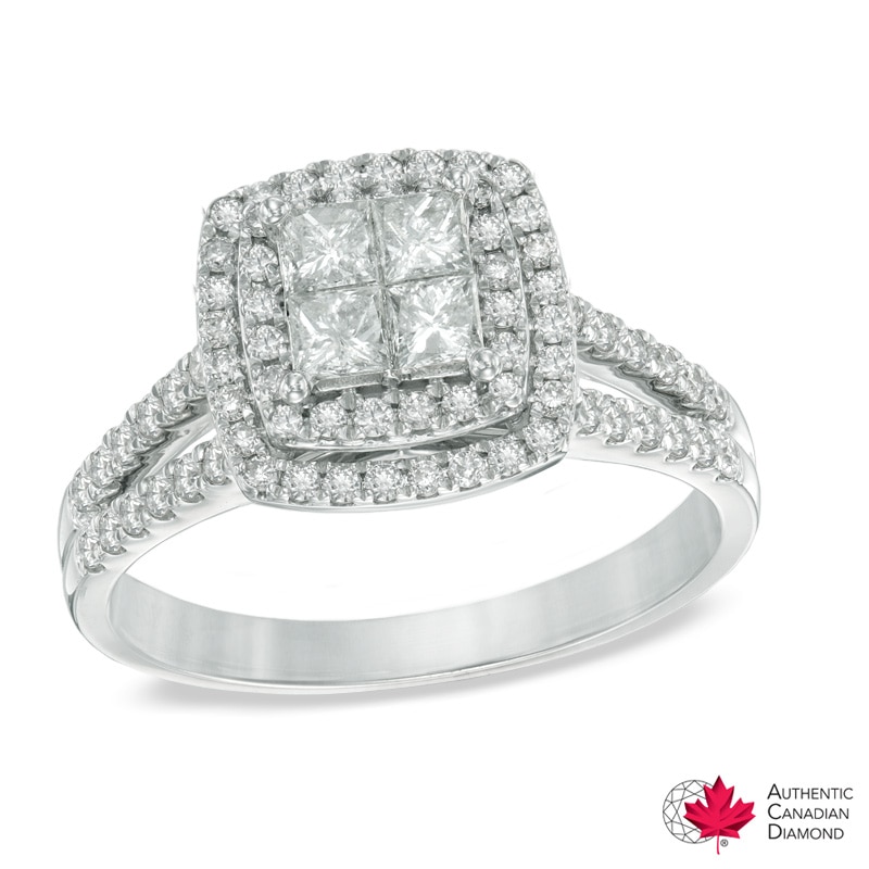 1.00 CT. T.W. Certified Canadian Princess-Cut Quad Diamond Frame Engagement Ring in 14K White Gold (I/I2)|Peoples Jewellers