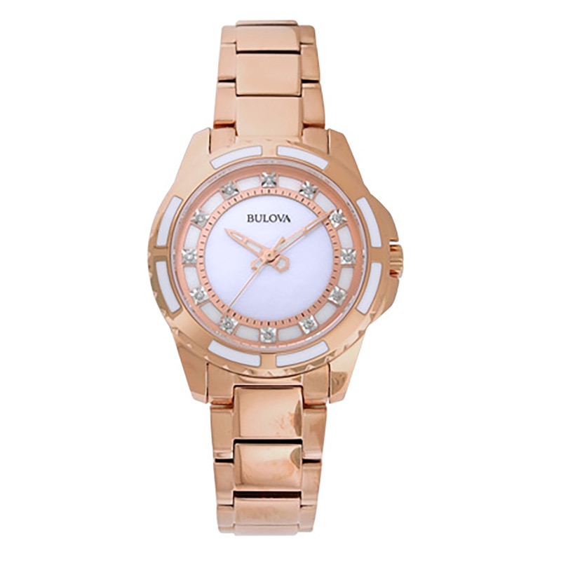 Ladies' Bulova Diamond Accent Rose-Tone Watch with Mother-of-Pearl Dial (Model: 98P141)|Peoples Jewellers