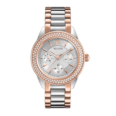 Ladies' Bulova Crystal Accent Two-Tone Watch with Silver-Tone Dial (Model: 98N100)