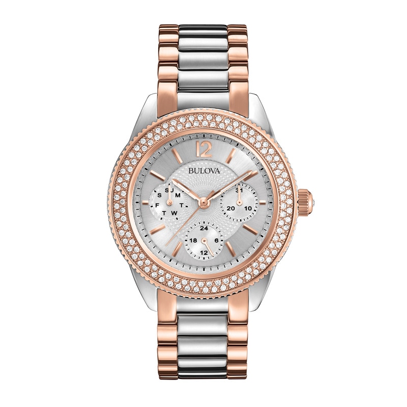 Ladies' Bulova Crystal Accent Two-Tone Watch with Silver-Tone Dial (Model: 98N100)