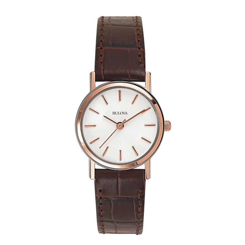 Ladies' Bulova Rose-Tone Strap Watch with White Dial (Model: 98V31)