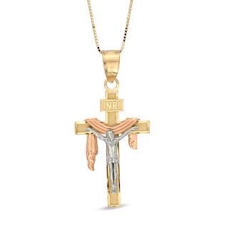 Crucifix Shroud Pendant in 10K Tri-Tone Gold