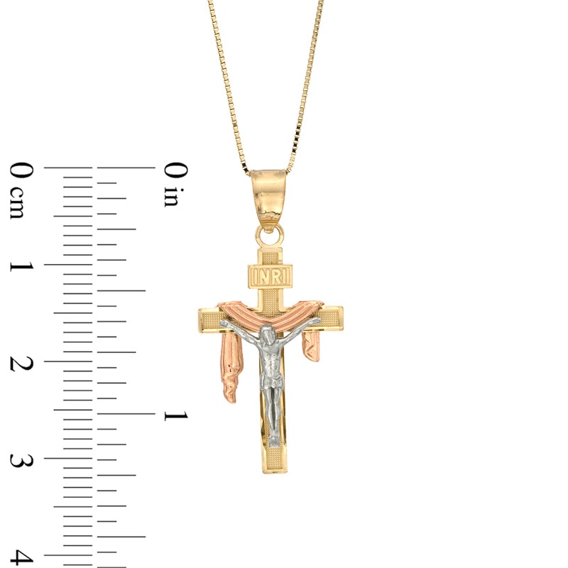 Crucifix Shroud Pendant in 10K Tri-Tone Gold