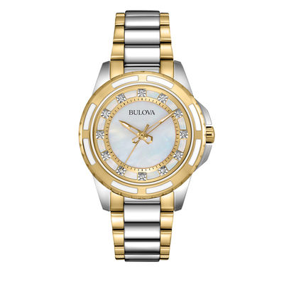 Ladies' Bulova Diamond Accent Two-Tone Watch with Mother-of-Pearl Dial (Model: 98P140)