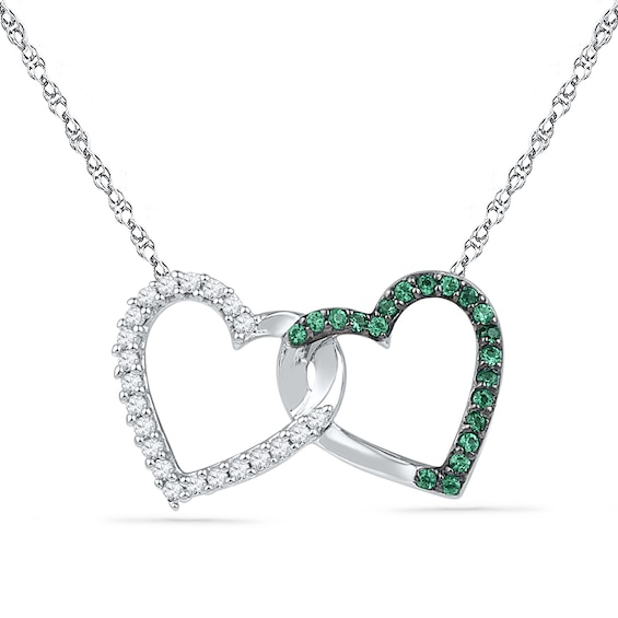 0.16 CT. T.W. Enhanced Green and White Diamond Interlocking Hearts Necklace in 10K White Gold