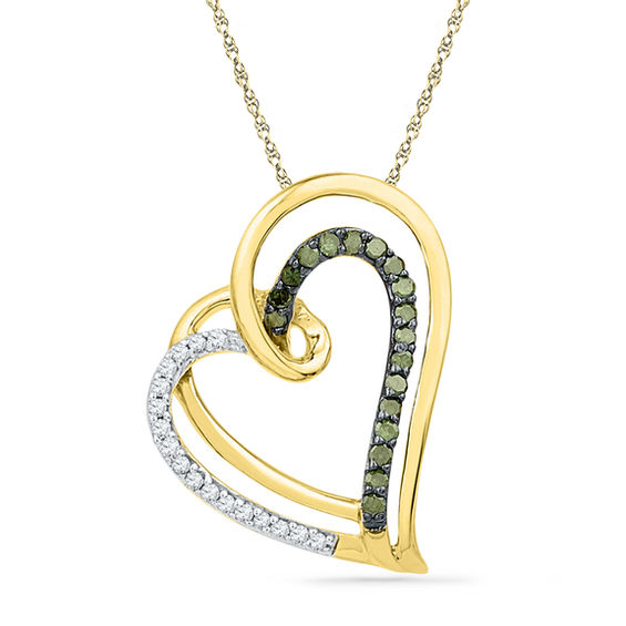 0.16 CT. T.W. Enhanced Green and White Diamond Tilted Looping Heart Pendant in 10K Gold