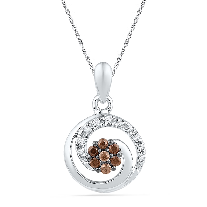 0.16 CT. T.W. Champagne and White Diamond Cluster Spiral Pendant in Sterling Silver|Peoples Jewellers