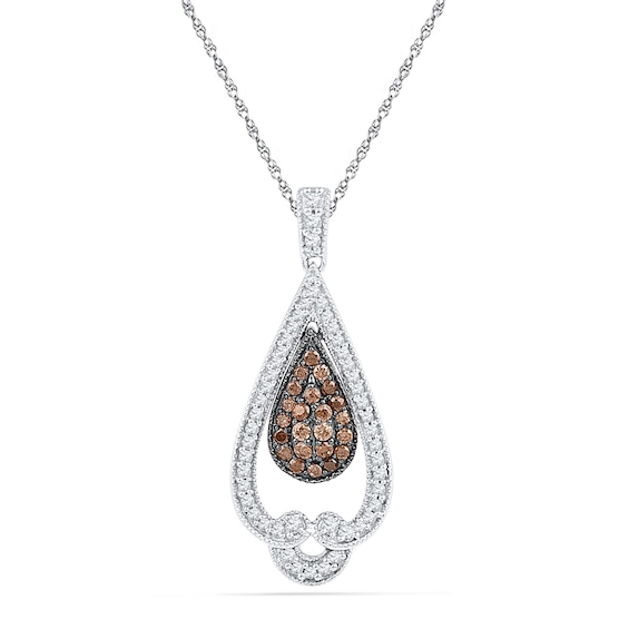 0.50 CT. T.W. Champagne and White Diamond Vintage-Style Teardrop Pendant in 10K White Gold